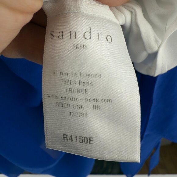 SANDRO Paris Sheer Overlay Contrast White Placket Cobalt Blue Mini Dress Size 2 - Picture 11 of 14
